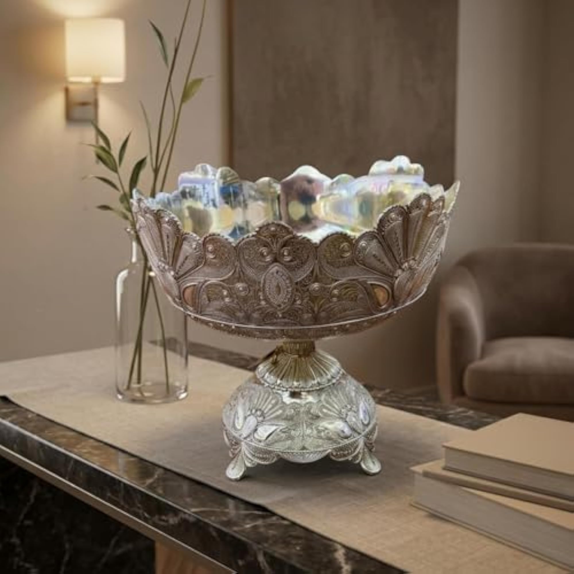 Metal Scalloped Pedestal Bowl, Floral Embossed Design